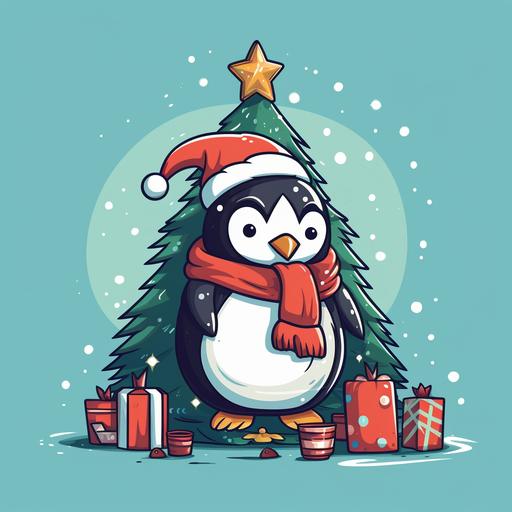 cute penguin dressed as Santa decorating a Christmas tree, cartoon