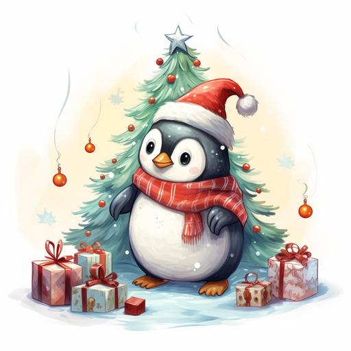 cute penguin dressed as Santa decorating a Christmas tree, cartoon