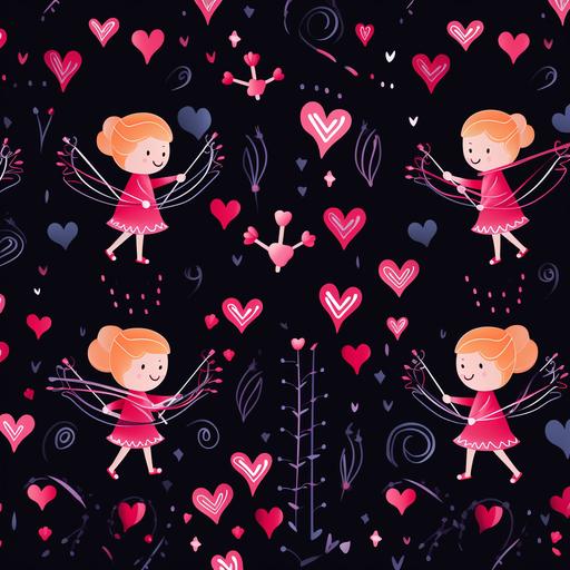 cute pink and red valentines repeating pattern of cupids shooting arrows on a black background — tile