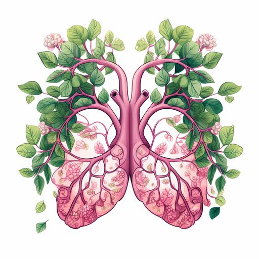 cute pink cartoon lungs with green vines around them