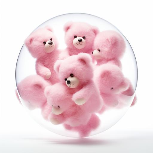 cute pink fluffy teddy bears floating in a perfect skewed sphere formation but we don't see the sphere. dreamy. white background.