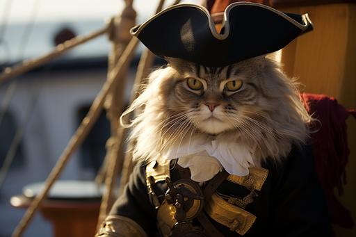 cute pirate cat, wears pirate hat. at ship. wears vaudeville armor suit. kodak --ar 3:2