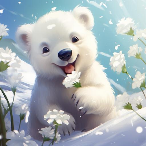 cute polar bear cub playing with snow flowers depicted in disney style