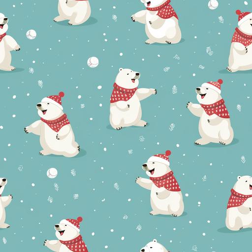 cute polar bears wearing Santa hats having a snowball fight, cartoon style, simplistic, --tile