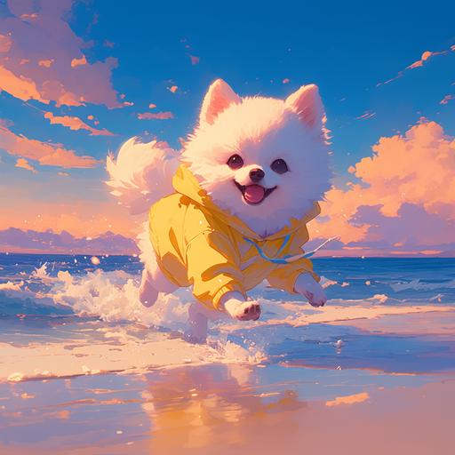 cute pomeranian character, cream color, foxy-looking face, in a yellow hoodie, running on the beach, sunset, takashi murakami style --s 750 --niji 6