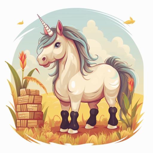 cute pony unicorn, fat, horn is corn, in farm