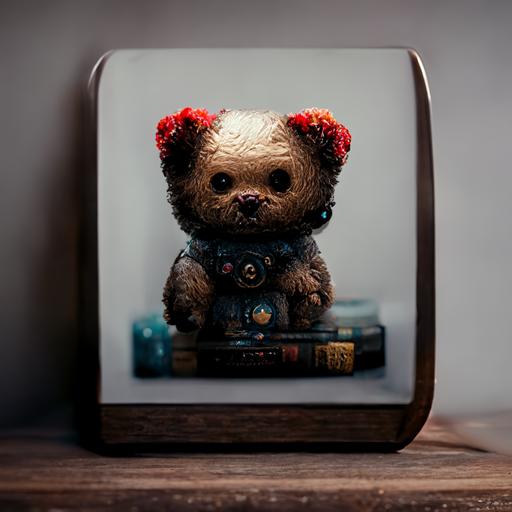 cute psycho creepy teddy bear sitting on shelf 4k surreal