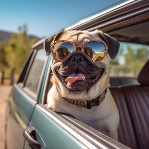 cute pug dog with sunglasses and leash peeking out of window of car on summer road trip, in the style of photo-realistic landscapes, slide film, classic american cars, light white and amber, close up, joyful chaos, billy childish