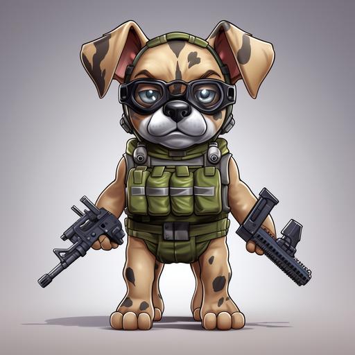 cute puppy boxer cartoon character wearing tactical battle belt, plate carrier vest, helmet with night vision goggles carrying ar15 rifle, shooting stance, white background