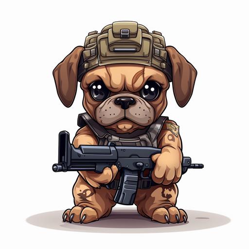 cute puppy boxer cartoon character wearing tactical battle belt, plate carrier vest, helmet with night vision goggles carrying ar15 rifle, shooting stance, white background