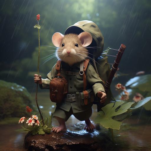 cute rat dressed as a scout ranger, foraging for berries with a small pipe-like weapon on it's back  realistic forest raining cute furry