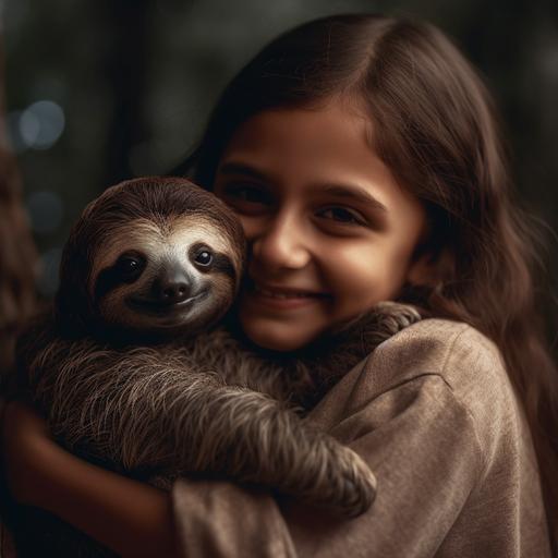 cute real sloth smiling and huging cute baby girl
