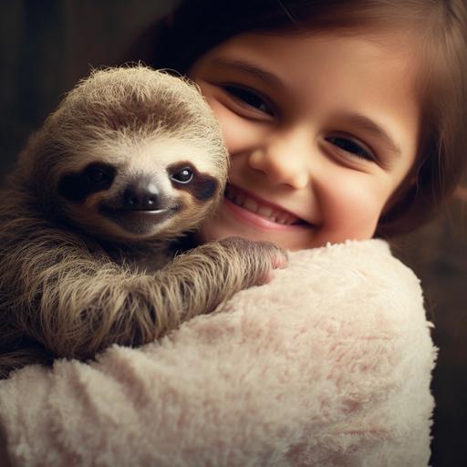 cute real sloth smiling and huging cute baby girl