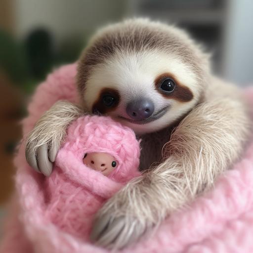 cute real sloth smiling and huging cute new born baby girl