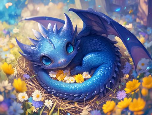 cute realistic blue dragon baby, large cute eyes, curled up on a nest of flowers. glimmering texture, Illustrated by Miki asai --niji 6 --ar 4:3