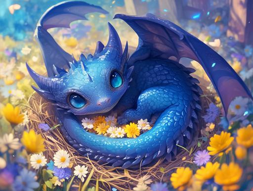cute realistic blue dragon baby, large cute eyes, curled up on a nest of flowers. glimmering texture, Illustrated by Miki asai --ar 4:3 --niji 6