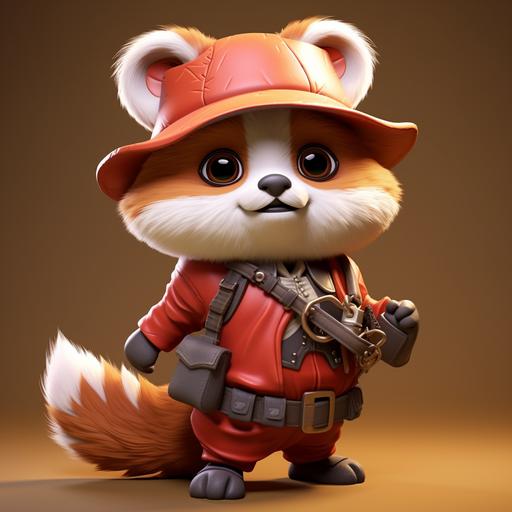 cute red panda adventure game character, 3D render, Japanese style, wearing an adventure hat