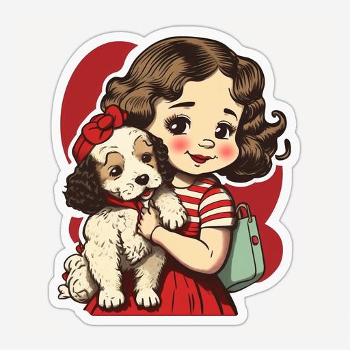 cute retro 1940's happy little girl with puppy valentine's day sticker, cartoon style