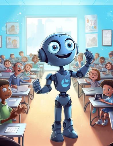 cute robot raising his hand in a classroom full of students, with a small, round head, big, expressive eyes, and a friendly smile. He is wearing a blue shirt with a white collar and a pair of black pants. The classroom is bright and airy, with large windows that let in the sunlight. The walls are painted a light blue, and there are posters of planets and stars on the walls. The students are all sitting at their desks, listening to the teacher lecture. The robot raises his hand and asks a question. The teacher smiles and answers his question. The other students look at the robot with curiosity and interest. --ar 17:22