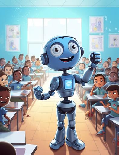 cute robot raising his hand in a classroom full of students, with a small, round head, big, expressive eyes, and a friendly smile. He is wearing a blue shirt with a white collar and a pair of black pants. The classroom is bright and airy, with large windows that let in the sunlight. The walls are painted a light blue, and there are posters of planets and stars on the walls. The students are all sitting at their desks, listening to the teacher lecture. The robot raises his hand and asks a question. The teacher smiles and answers his question. The other students look at the robot with curiosity and interest. --ar 17:22