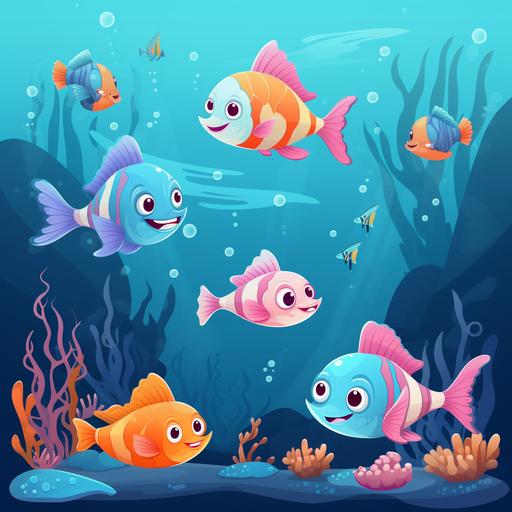 cute sea fishes, cartoon style, ocean, coral reef