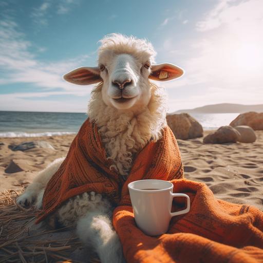 cute sheep sitting on beach and drinking coffee