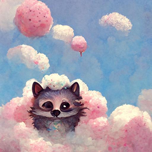 cute small chubby raccoon eating pink cotton candy on a fluffy cloud, very detailed,  cute style