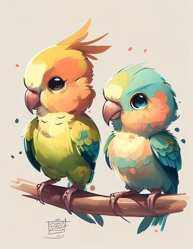 cute small parrots, anime cartoon, white background --v 4 --ar 3:4 --s 500