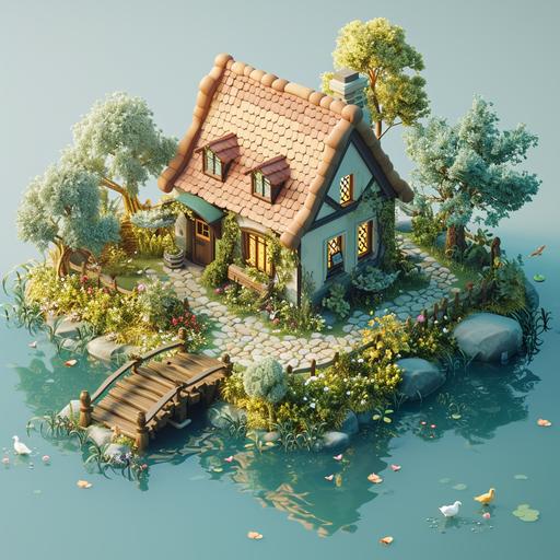 cute small village, a house with big window, river, birds, travel baggage, 3d game isometric, detailed, --v 6.0