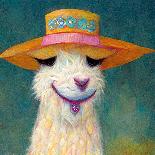 cute smiling llama wearing lots of jewelry and a wide brimmed hat with a feather in it pastel