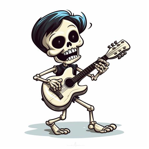 cute spooky skeleton playing guitar, dynamic poses, drawn in simple Craig McCracken style, plain white background --ar 1:1