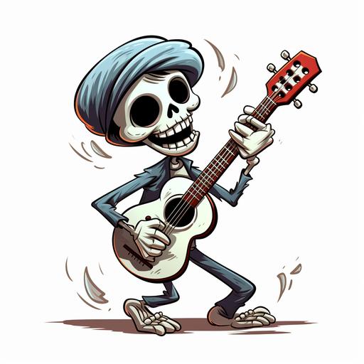 cute spooky skeleton playing guitar, dynamic poses, drawn in simple Craig McCracken style, plain white background --ar 1:1