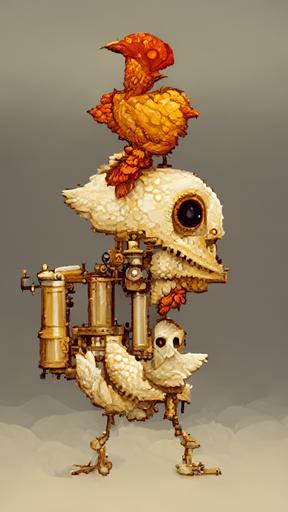 cute steampunk chicken skeleton, detailed, beautiful, 1998 pixel computer game style —ar 9:16  --v 2