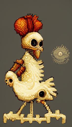 cute steampunk chicken skeleton, detailed, beautiful, 1998 pixel computer game style —ar 9:16  --v 2