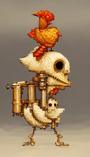 cute steampunk chicken skeleton, detailed, beautiful, 1998 pixel computer game style —ar 9:16  --v 2