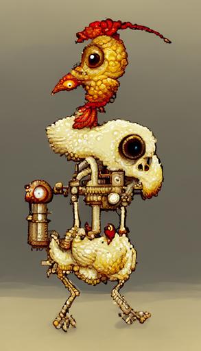 cute steampunk chicken skeleton, detailed, beautiful, 1998 pixel computer game style —ar 9:16 --v 2