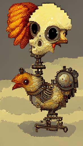 cute steampunk chicken skeleton, detailed, beautiful, 1998 pixel computer game style —ar 9:16  --v 2