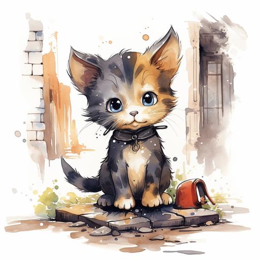 cute street cat cartoon drawing by water color