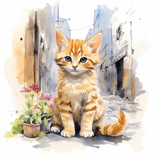 cute street cat cartoon drawing by water color