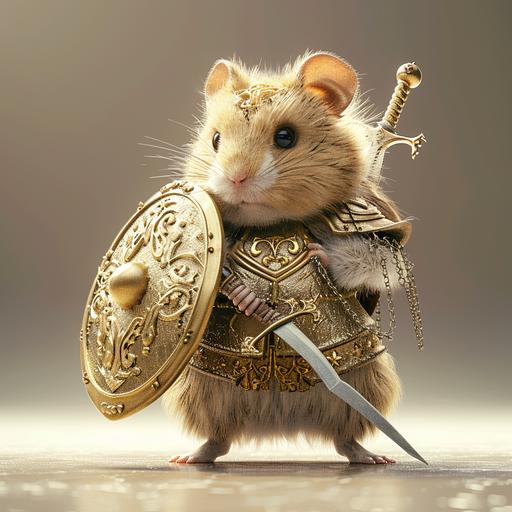 cute stylized hamster standing up wearing a gold and silver ornate medieval armor with a shield and sword on his back