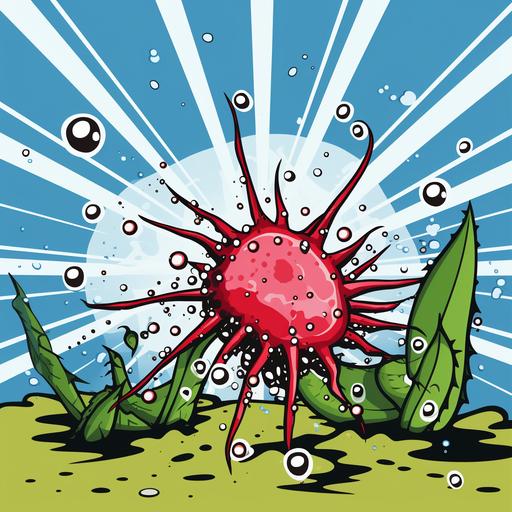 cute sweet sundew drosera crushing the nutrient out of cartoon bugs :: illustration in the style of pop art Lichtenstein --s 50 --style raw