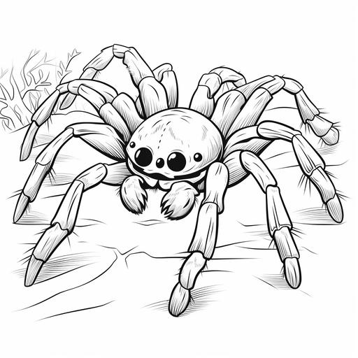 cute tarantula for coloring book for kids, in a jungle, cartoon style in black and white , thick lines, low detail, no shading