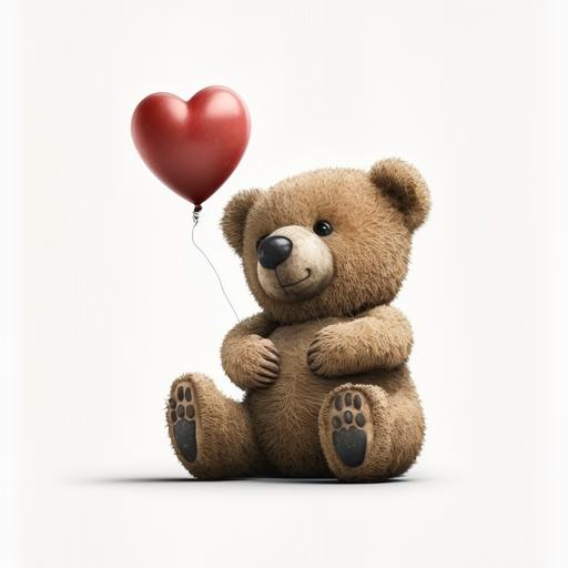 cute teddy sit on the floor bear with a red heart balloon in his hand - white background
