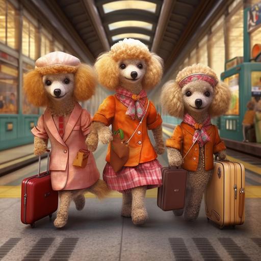 cute three poodles friends , anthromorphic dress as travel guide,running to the station .high quality HD ,hyper detail --s 750