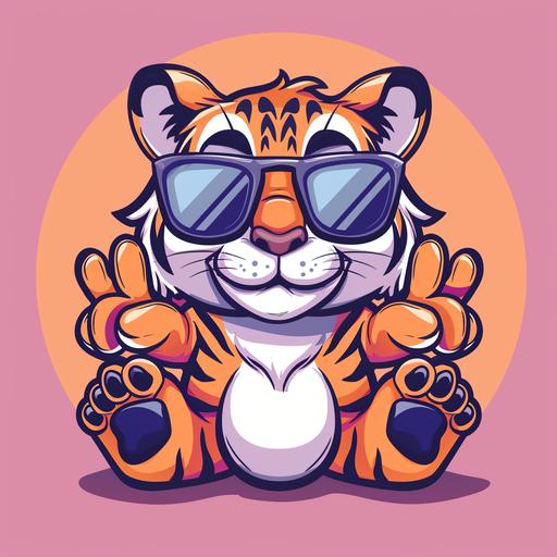 cute tiger cartoon style wearing sunglasses and showing the peace sign with his paws
