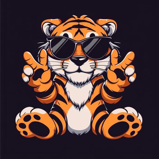 cute tiger cartoon style wearing sunglasses and showing the peace sign with his paws