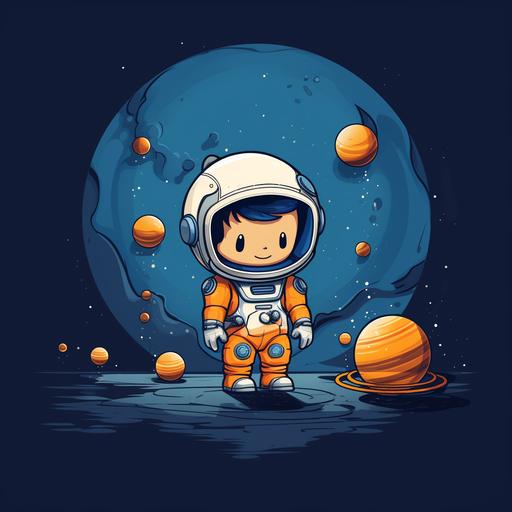 cute tiny astronaut cartoon looking at cute cartoon solar system from space rocket