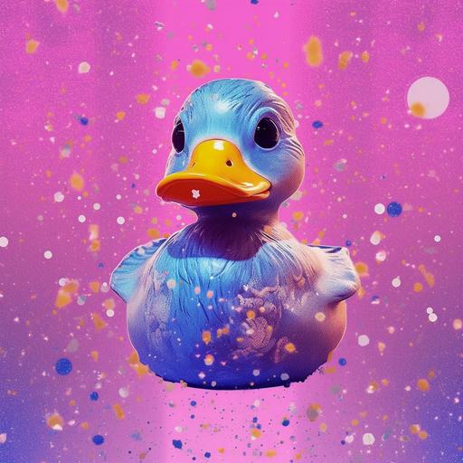 cute toy trendy rubber duck there you glowed, who told you when the cute rubber duck left in the purple sky, in the style of postmodern collage, smilecore, undefined anatomy, emerson silva, honeycore, frayed, pink and blue --s 250