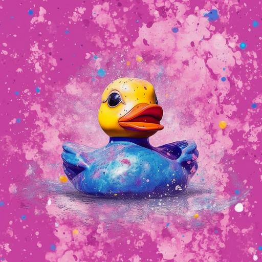 cute toy trendy rubber duck there you glowed, who told you when the cute rubber duck left in the purple sky, in the style of postmodern collage, smilecore, undefined anatomy, emerson silva, honeycore, frayed, pink and blue --s 250