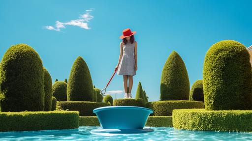 cute transwoman femme topiary bikin top, product photo, model emerging from a cool pool --ar 16:9